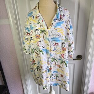 Hot Cotton By Marc Ware Linen Shirt Womens Size 3X‎ Linen Beach Print USA